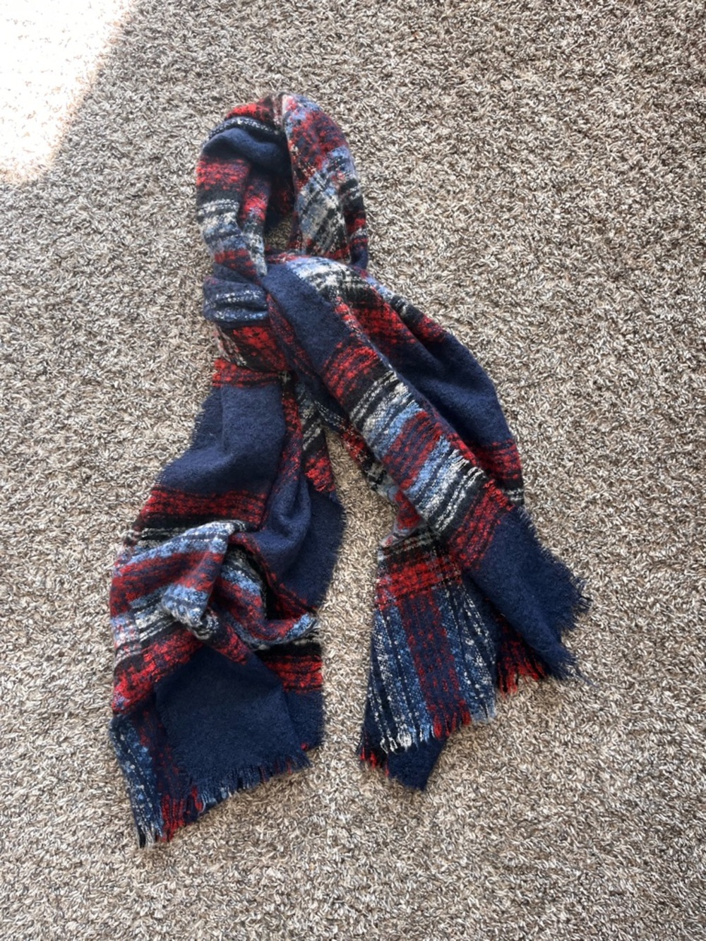 Plaid Fringe Scarf in Navy, Red & Gray